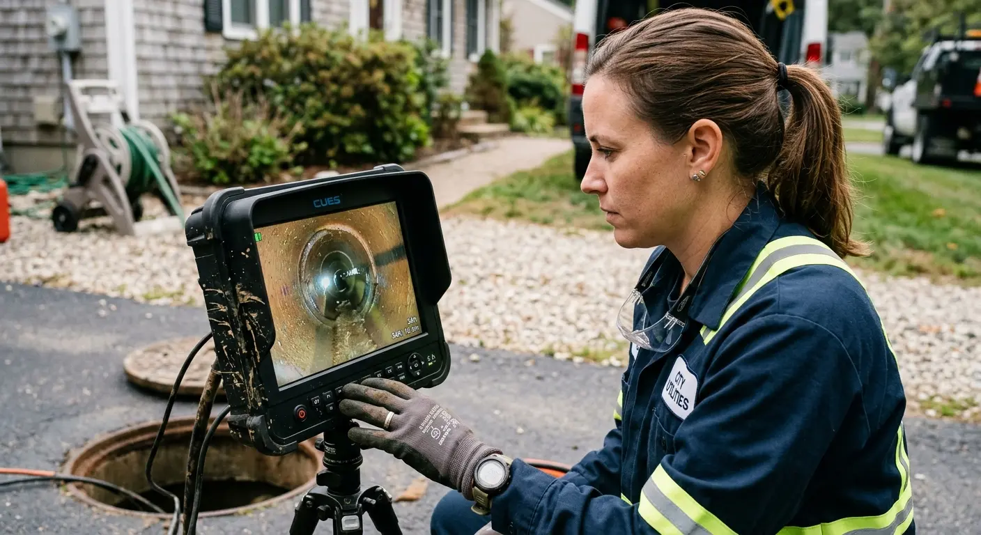 Technician reviewing sewer camera inspection footage in Ridgeland