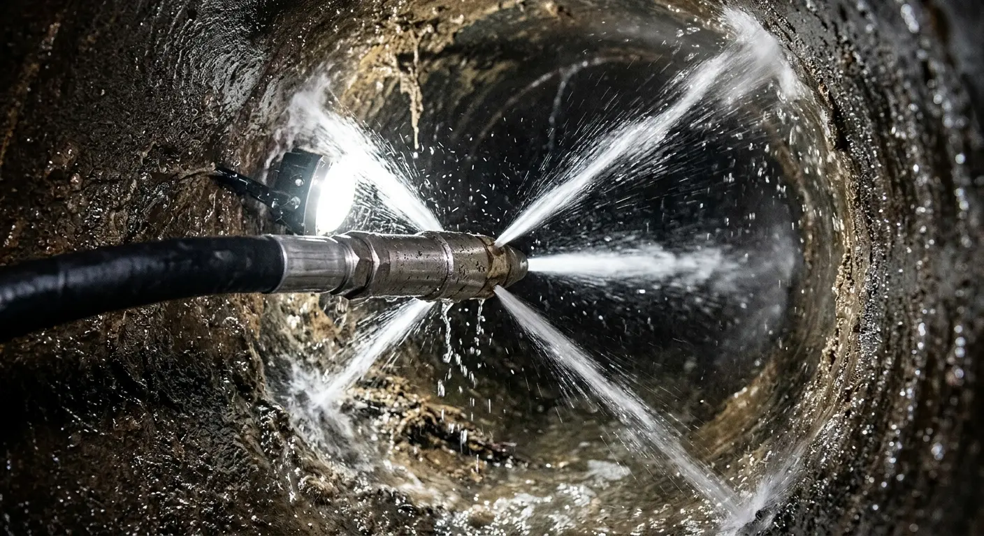 High-pressure hydro jetting nozzle cleaning sewer pipe for Emergency Drain Service in Ridgeland