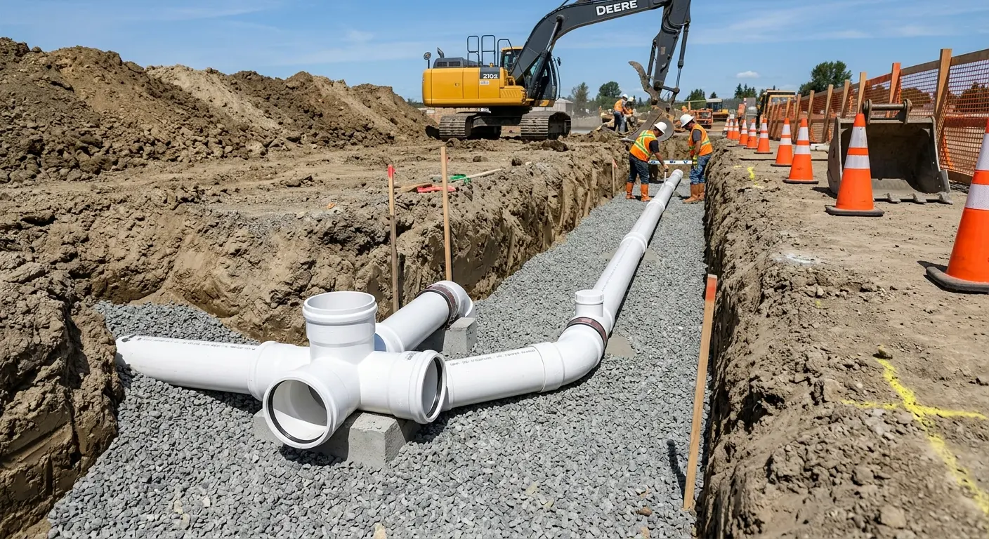 New PVC sewer pipe installation in open trench for Sewer Backup in Ridgeland