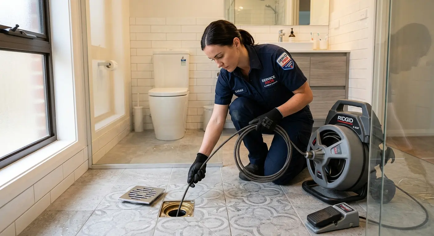 Technician clearing a bathroom floor drain for Drain Cleaning in Ridgeland